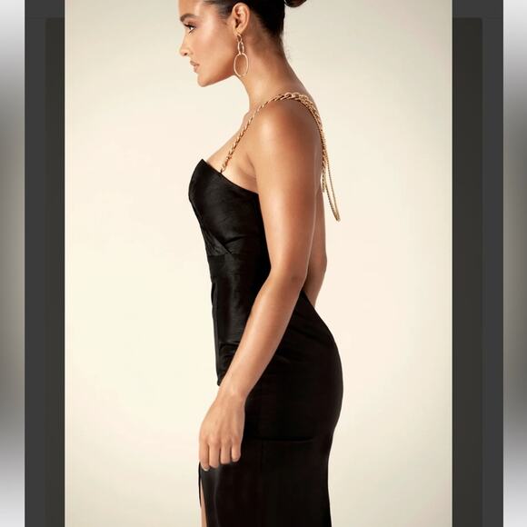 ALIEVA Dulce Dupioni Black Maxi Dress Gold Chain Straps Slit Size L - Picture 4 of 13